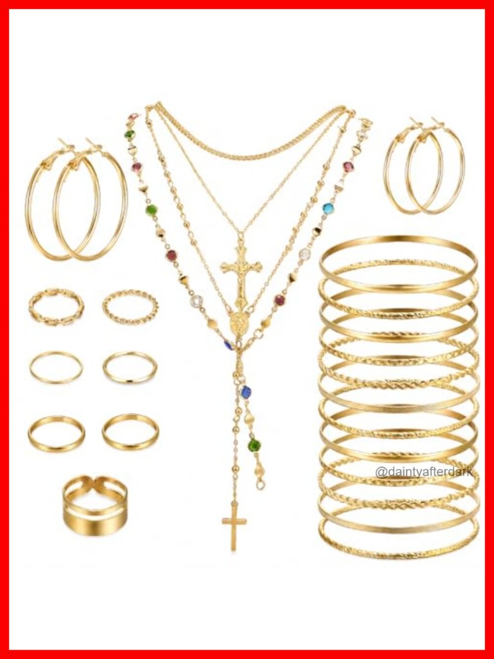 27Pcs Layered Cross Jewelry Set with Beaded Y Necklace Hoop Earrings Stackable